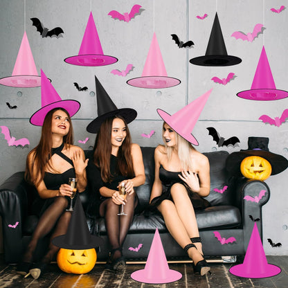 Halloween Witch Hats,Black and Pink Hanging Hats and Bats Porch Yard Decor