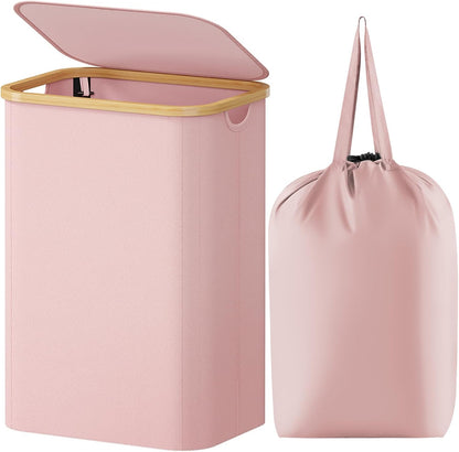 80L Large Laundry Basket with Lid, Removable Bags, Pink