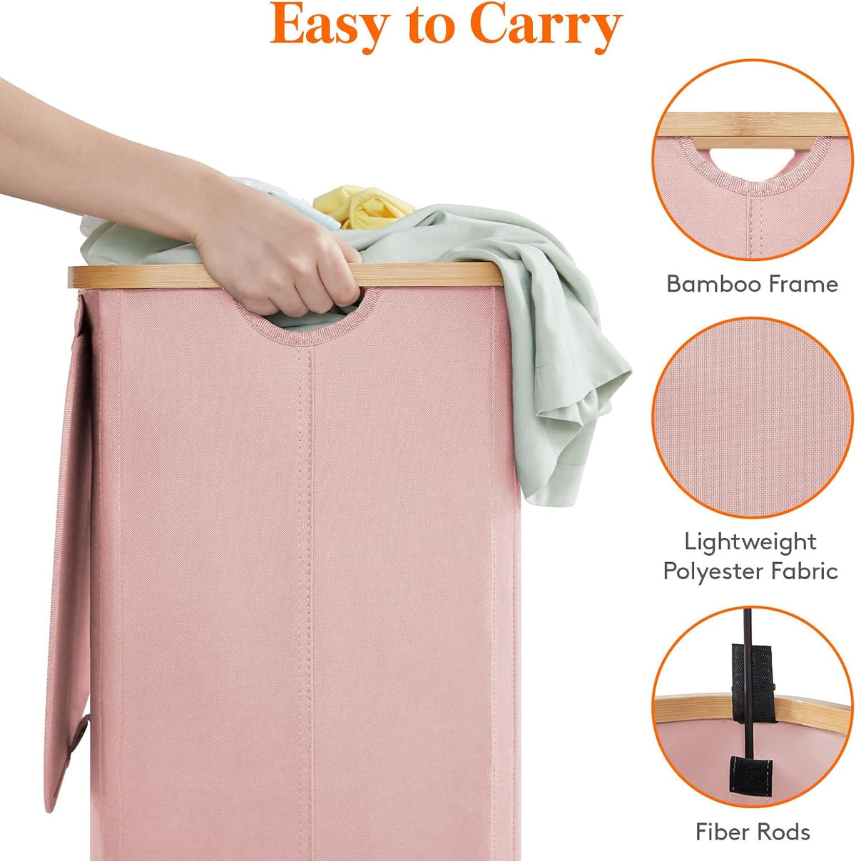 80L Large Laundry Basket with Lid, Removable Bags, Pink