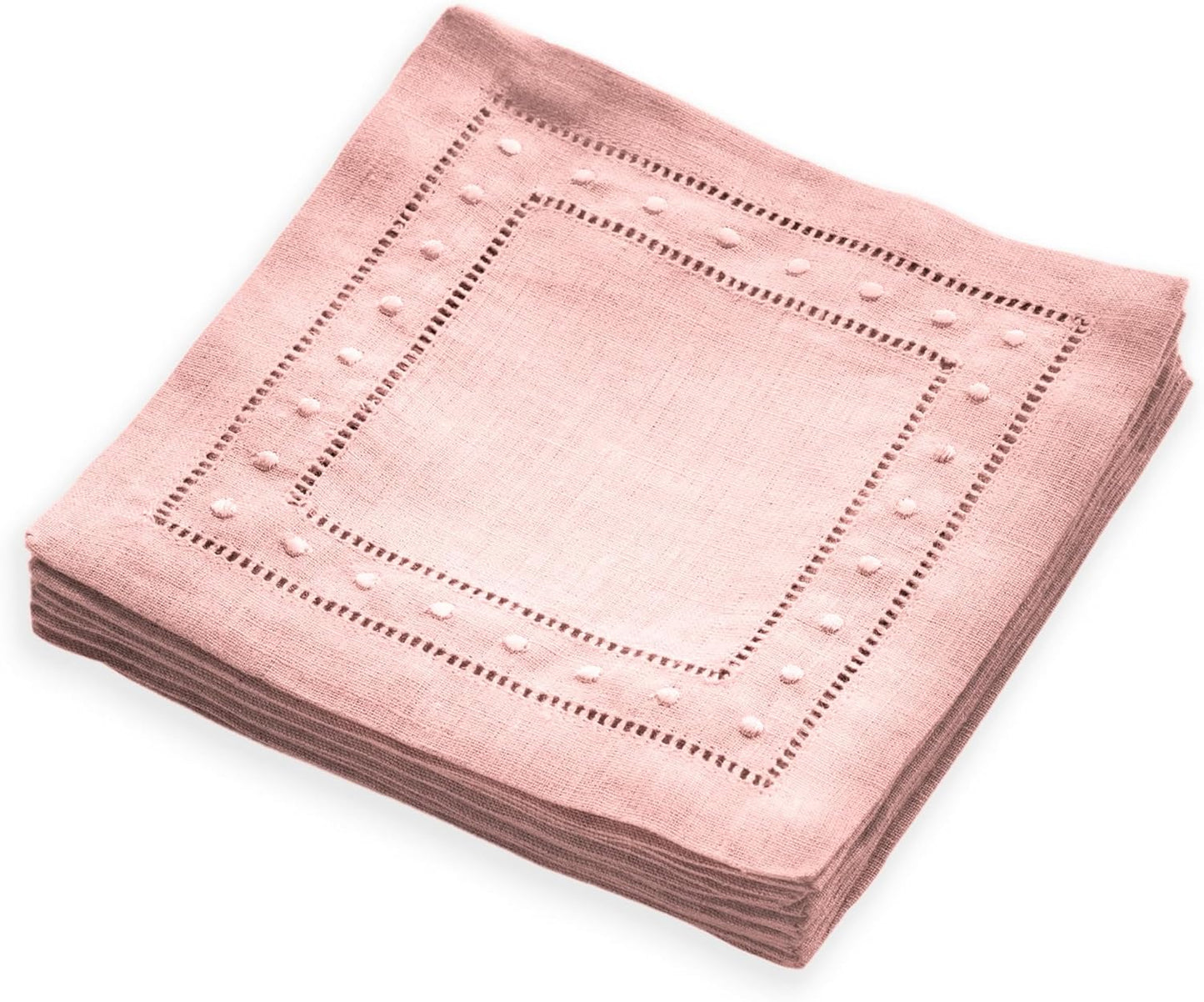 Linen Cocktail Napkins 6 x 6 inch - 100% Pure Linen Pink Napkins Cloth with Embroidered Dot Set of 12 - Hemstitch Coaster Napkin Washable for Summer Decor