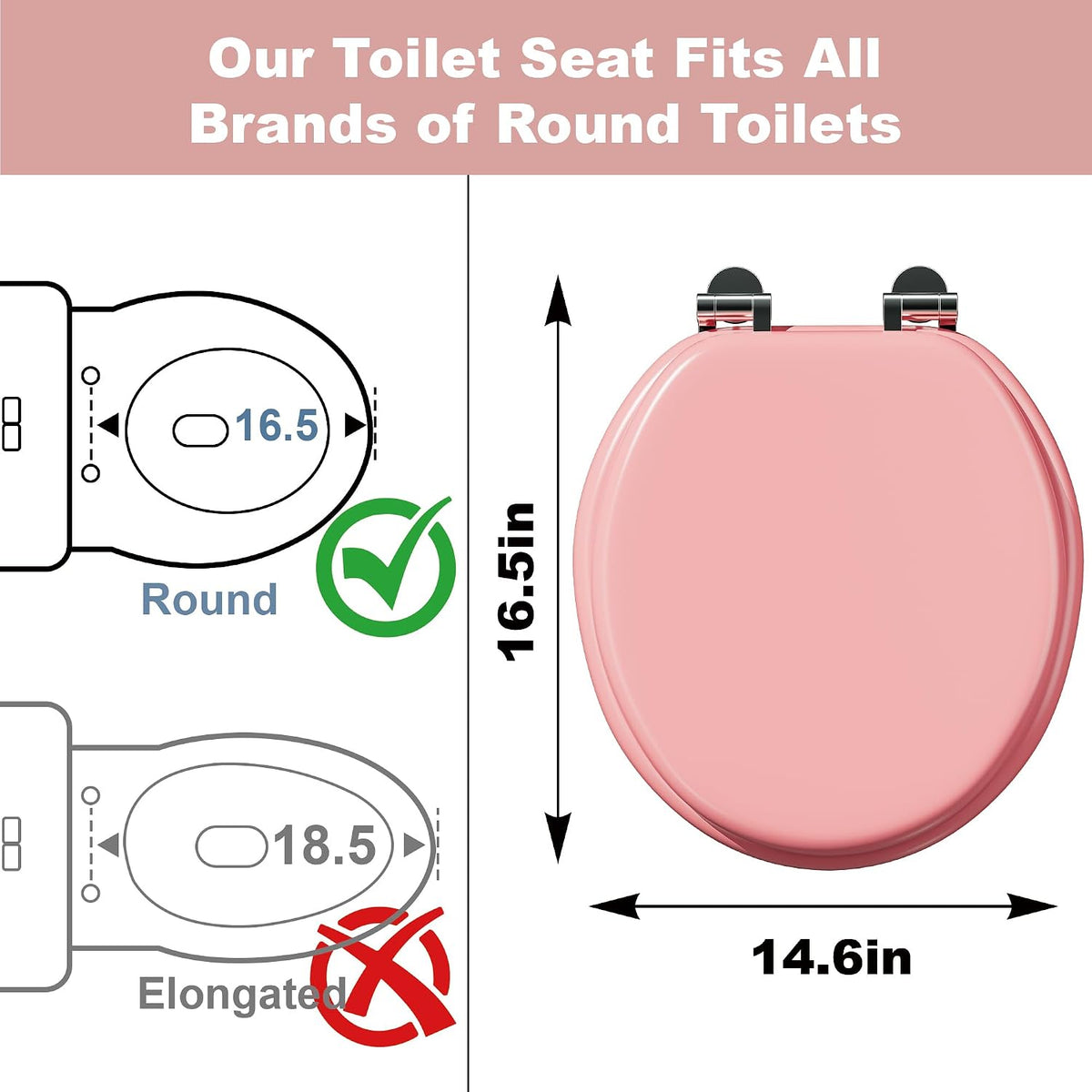 Round Slow Close Wood Toilet Seat, Heavy Duty Pink Toilet Seat with Baked Enamel Finish, Support 400 lbs, Soft Close Toilet Lid with Zinc Alloy Hinges, Grip-Tight Bumpers, Easy Clean & Quick Assembly