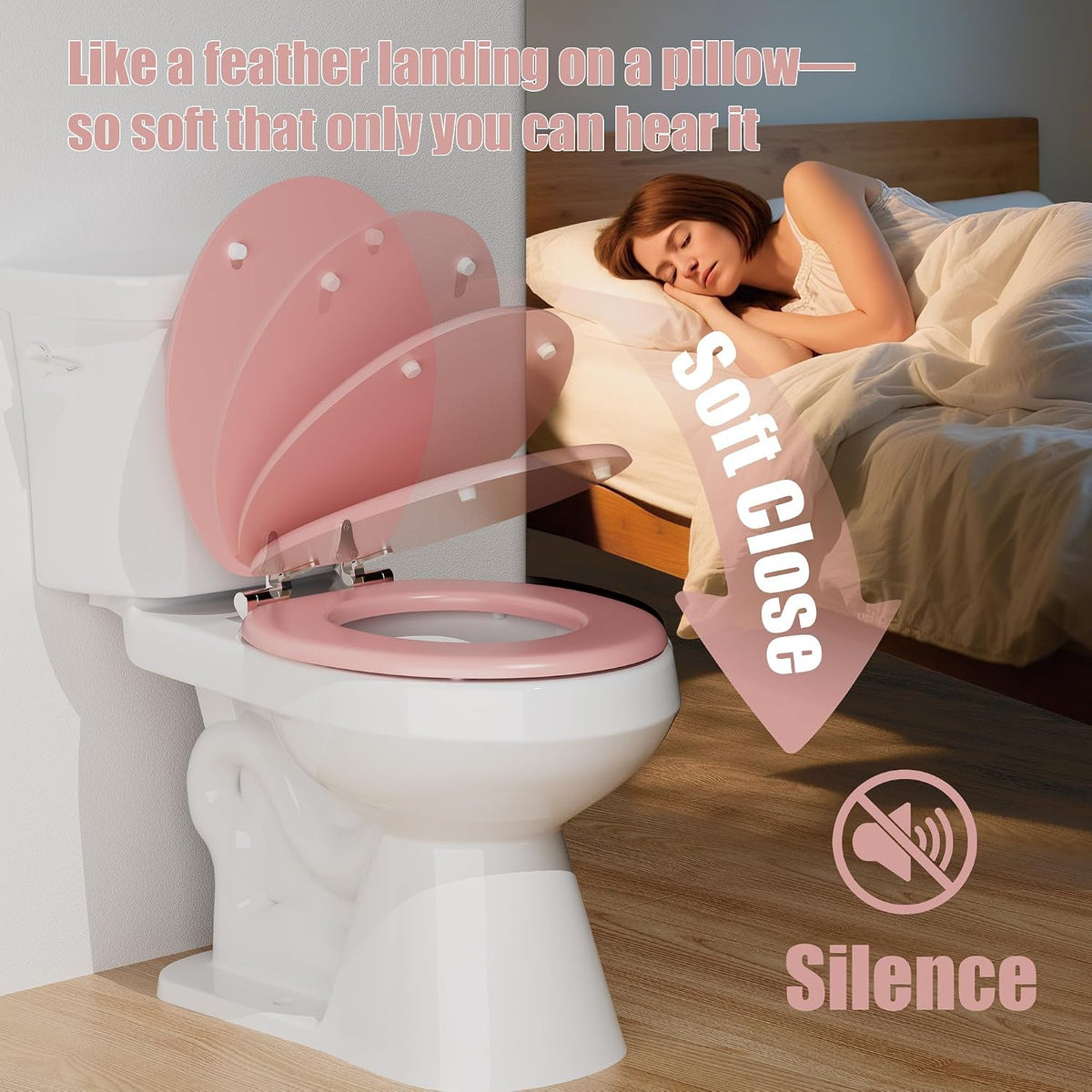 Round Slow Close Wood Toilet Seat, Heavy Duty Pink Toilet Seat with Baked Enamel Finish, Support 400 lbs, Soft Close Toilet Lid with Zinc Alloy Hinges, Grip-Tight Bumpers, Easy Clean & Quick Assembly