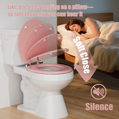 Round Slow Close Wood Toilet Seat, Heavy Duty Pink Toilet Seat with Baked Enamel Finish, Support 400 lbs, Soft Close Toilet Lid with Zinc Alloy Hinges, Grip-Tight Bumpers, Easy Clean & Quick Assembly