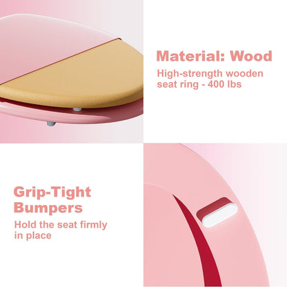 Round Slow Close Wood Toilet Seat, Heavy Duty Pink Toilet Seat with Baked Enamel Finish, Support 400 lbs, Soft Close Toilet Lid with Zinc Alloy Hinges, Grip-Tight Bumpers, Easy Clean & Quick Assembly