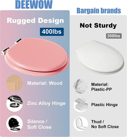 Round Slow Close Wood Toilet Seat, Heavy Duty Pink Toilet Seat with Baked Enamel Finish, Support 400 lbs, Soft Close Toilet Lid with Zinc Alloy Hinges, Grip-Tight Bumpers, Easy Clean & Quick Assembly