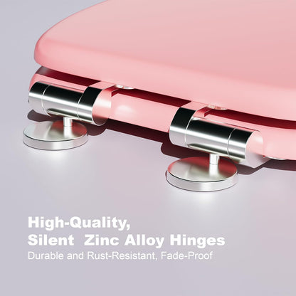 Round Slow Close Wood Toilet Seat, Heavy Duty Pink Toilet Seat with Baked Enamel Finish, Support 400 lbs, Soft Close Toilet Lid with Zinc Alloy Hinges, Grip-Tight Bumpers, Easy Clean & Quick Assembly