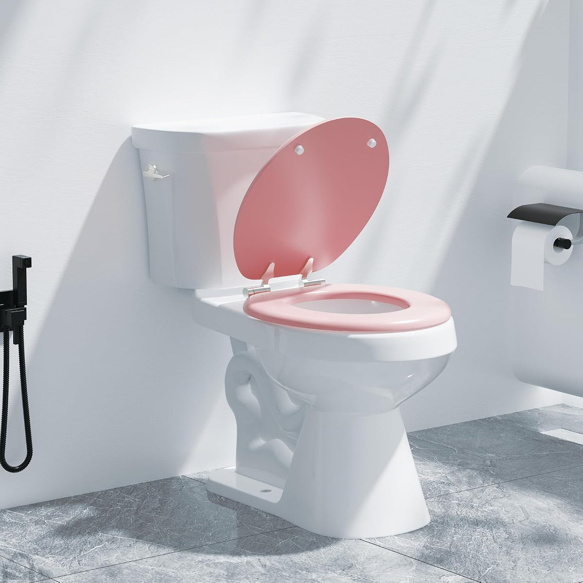 Round Slow Close Wood Toilet Seat, Heavy Duty Pink Toilet Seat with Baked Enamel Finish, Support 400 lbs, Soft Close Toilet Lid with Zinc Alloy Hinges, Grip-Tight Bumpers, Easy Clean & Quick Assembly