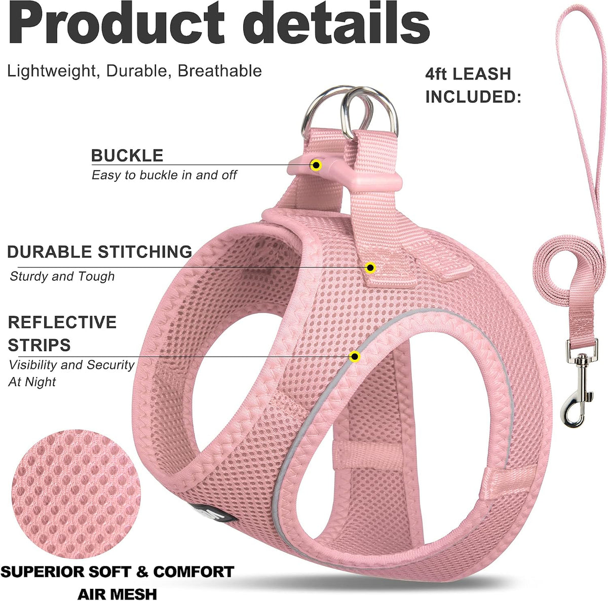 Comfy Dog Harness with Leash, Cat Vest Harness Escape Proof, Breathable Lightweight Soft Mesh, Adjustable Reflective Step-in Harness for Puppy Toy Breeds & Extra-Small Pet (XXS, Pink)