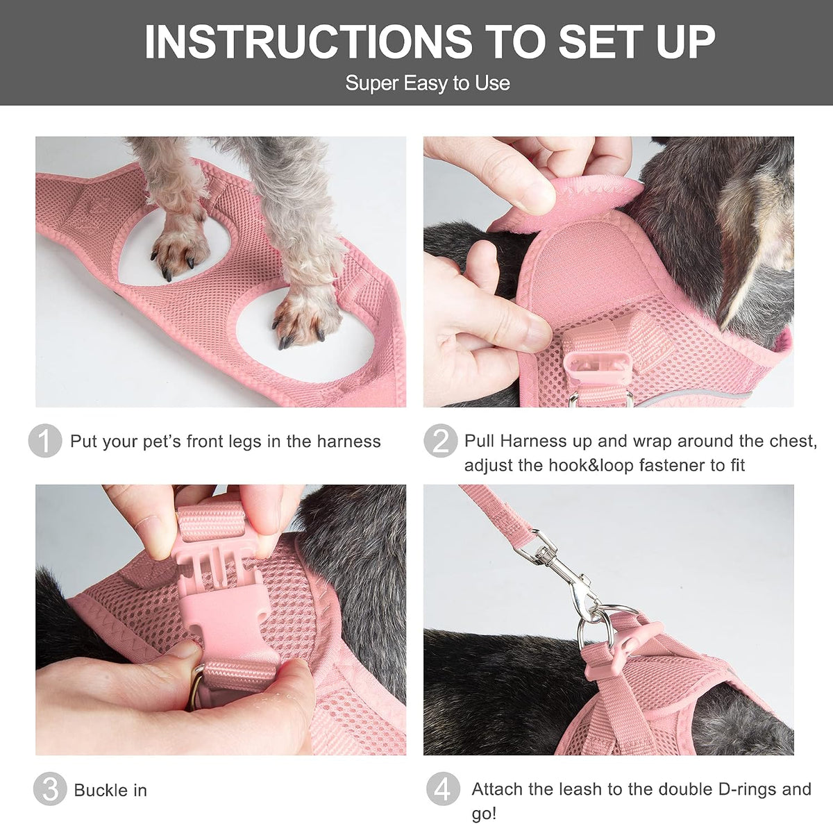 Comfy Dog Harness with Leash, Cat Vest Harness Escape Proof, Breathable Lightweight Soft Mesh, Adjustable Reflective Step-in Harness for Puppy Toy Breeds & Extra-Small Pet (XXS, Pink)