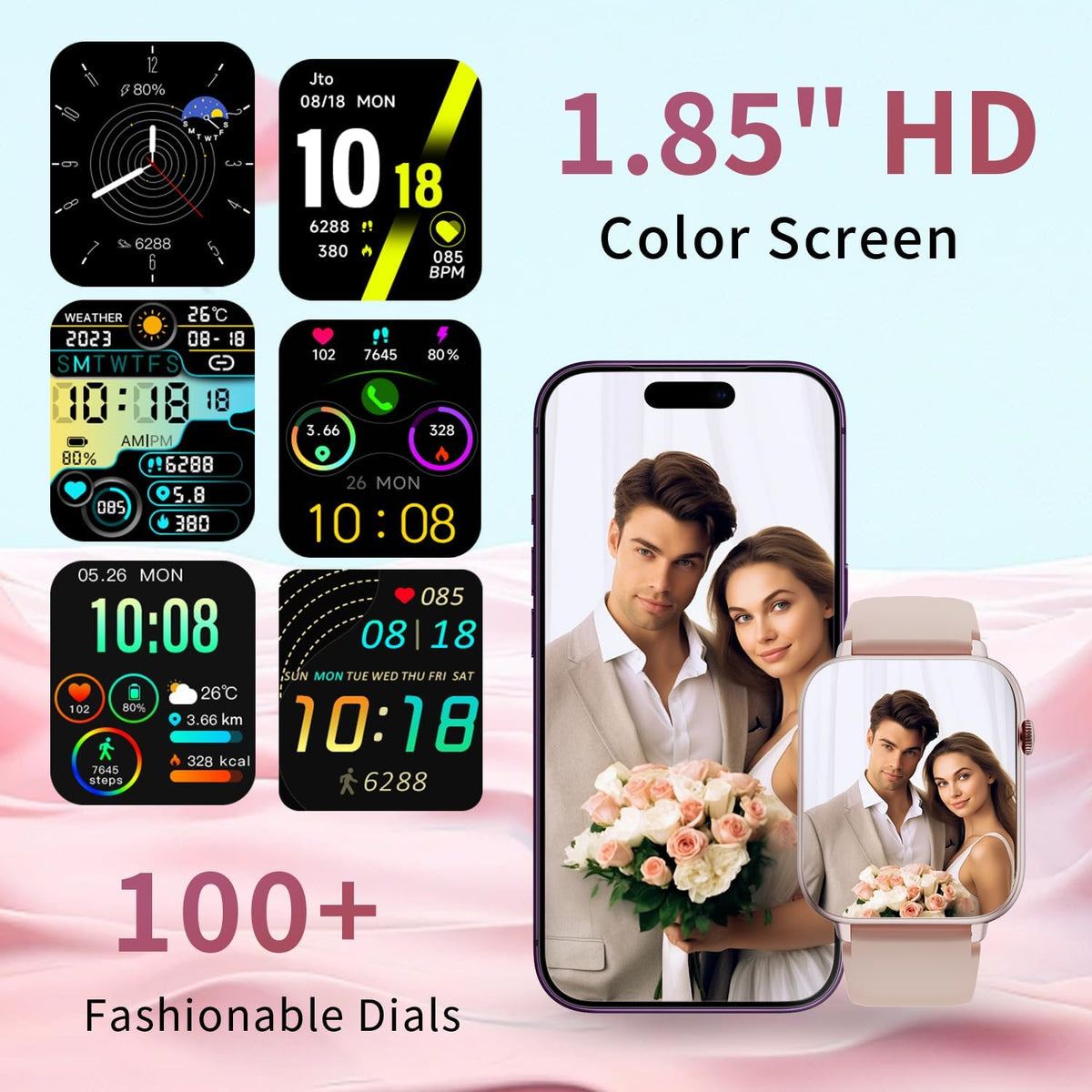 Smart Watch for Women, 1.85" HD Touchscreen Smartwatches with Message Call Function, 100+ Sports Modes IP68 Fitness Tracker, 24/7 Heart Rate/Sleep Monitor Fitness Watch for Android iOS Pink(2025)