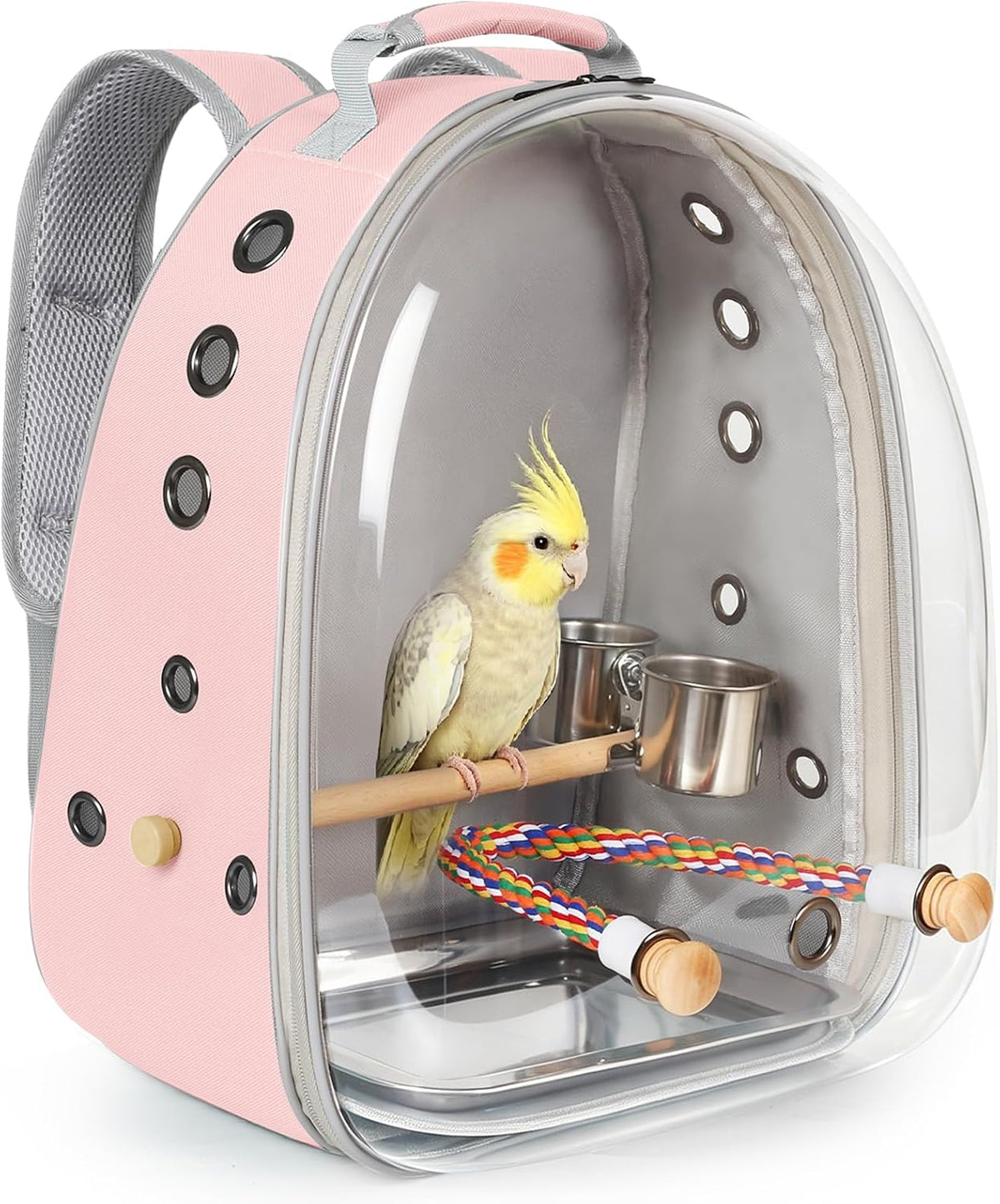 Bird Travel Backpack Carrier, Clear Bubble Window Transport Backpack for Birds, Space Capsule Astronaut Liked Vet Carry Book Bag for Parakeet Parrot (Pink, Multi Vents)