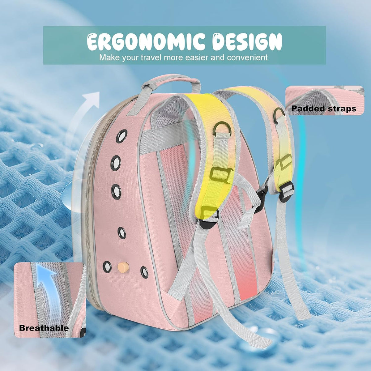 Bird Travel Backpack Carrier, Clear Bubble Window Transport Backpack for Birds, Space Capsule Astronaut Liked Vet Carry Book Bag for Parakeet Parrot (Pink, Multi Vents)