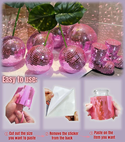 22200pcs Mirror Mosaic Tiles,4 x 4mm Disco Tiles Self Adhesive,Tiny Mirror Tiles for Crafts,Disco Ball Stickers for DIY Party Decoration(Pink)