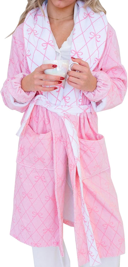 Women Fuzzy Fleece Flannel Lounge Robe Y2k Bow Shawl Collar Dressing Gown Warm Soft Fluffy Bathrobe with Pockets