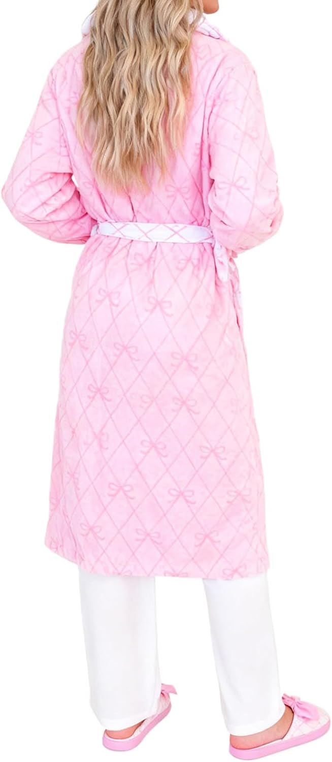 Women Fuzzy Fleece Flannel Lounge Robe Y2k Bow Shawl Collar Dressing Gown Warm Soft Fluffy Bathrobe with Pockets