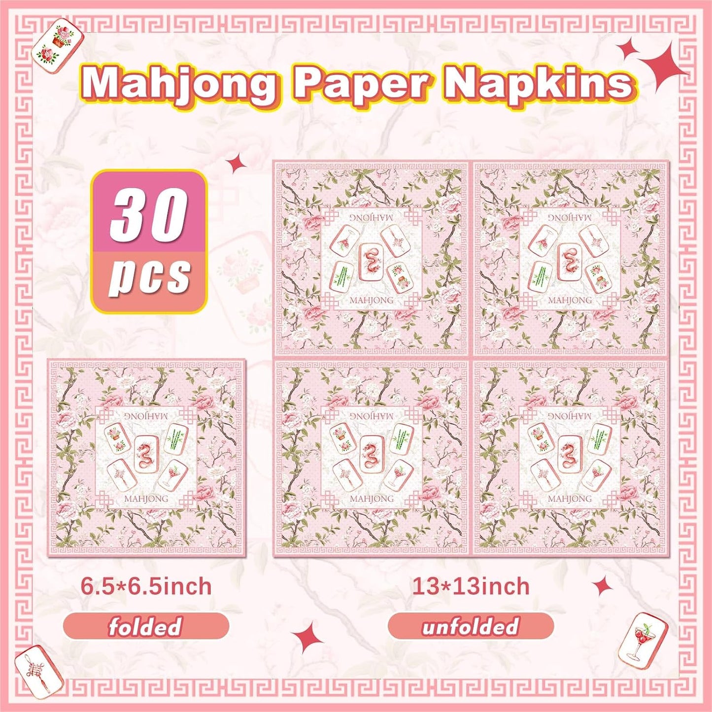 30 Pcs Mahjong Napkins Cocktail Paper 6.5 x 6.5 Inches Mahjong Party Supplies Gifts for Dinner Home Women Casual Gatherings Game Nights Birthday Party (Pink Flowers)