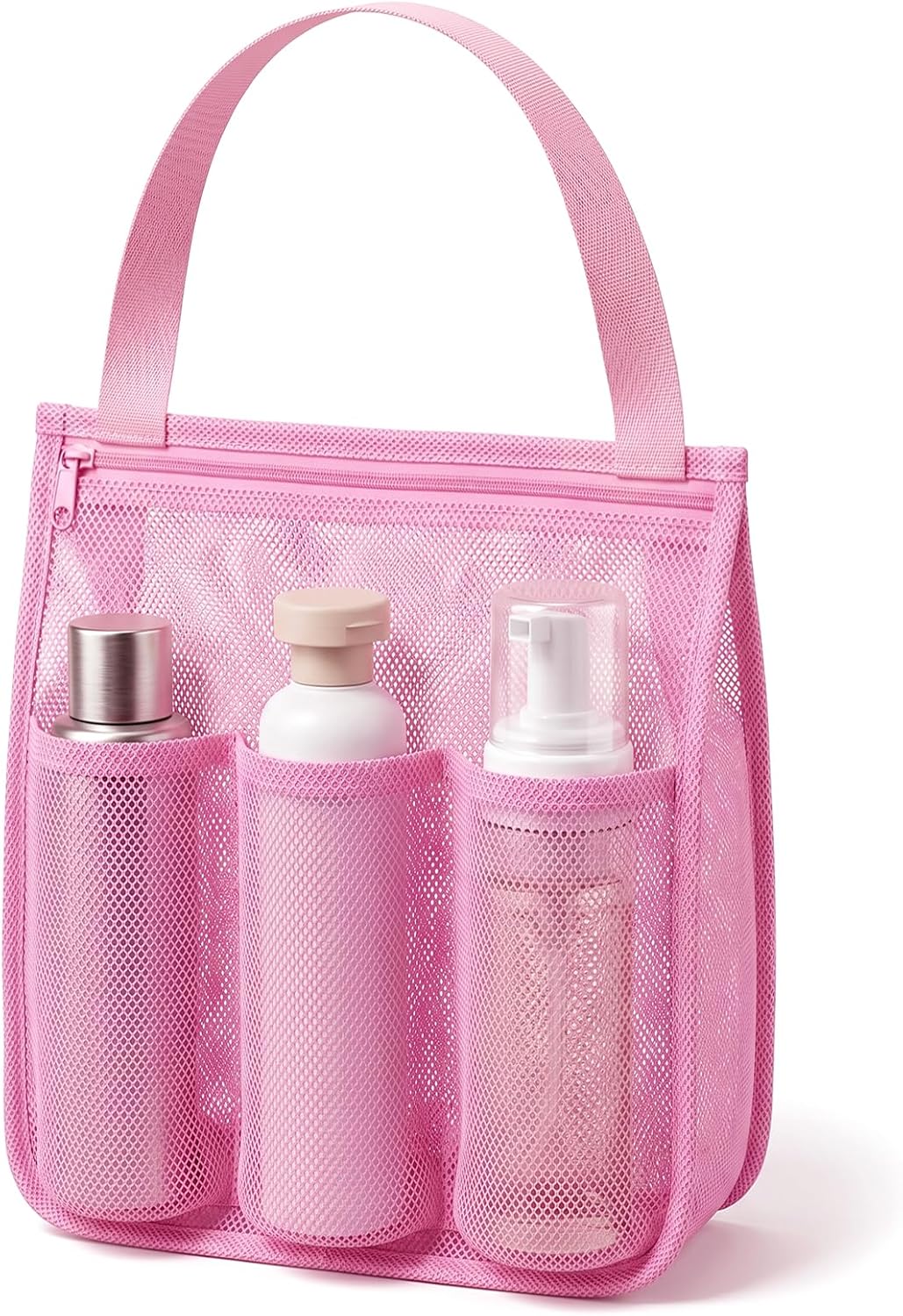 Mesh Shower Bag, Portable Gym Shower Caddy Pink Bathroom Shower Bag with Zipper & Pockets Multifunctional Gym Travel Camp Dorm Room Essentials for Women and College Student Girl