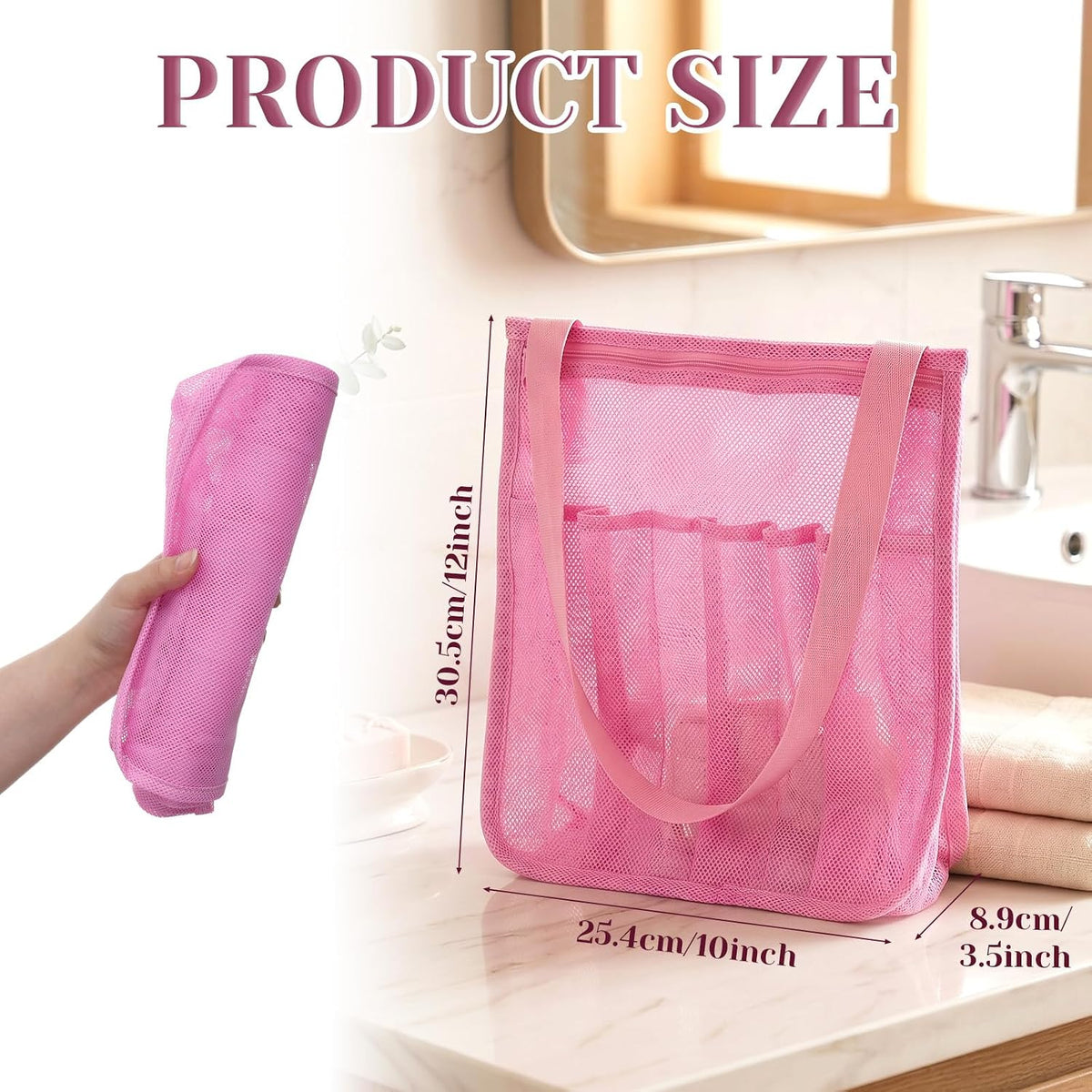Mesh Shower Bag, Portable Gym Shower Caddy Pink Bathroom Shower Bag with Zipper & Pockets Multifunctional Gym Travel Camp Dorm Room Essentials for Women and College Student Girl