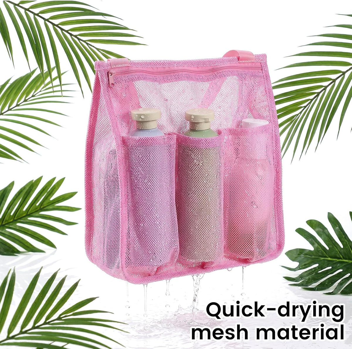 Mesh Shower Bag, Portable Gym Shower Caddy Pink Bathroom Shower Bag with Zipper & Pockets Multifunctional Gym Travel Camp Dorm Room Essentials for Women and College Student Girl