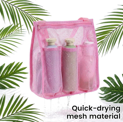 Mesh Shower Bag, Portable Gym Shower Caddy Pink Bathroom Shower Bag with Zipper & Pockets Multifunctional Gym Travel Camp Dorm Room Essentials for Women and College Student Girl