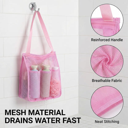 Mesh Shower Bag, Portable Gym Shower Caddy Pink Bathroom Shower Bag with Zipper & Pockets Multifunctional Gym Travel Camp Dorm Room Essentials for Women and College Student Girl