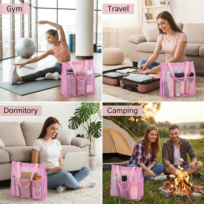 Mesh Shower Bag, Portable Gym Shower Caddy Pink Bathroom Shower Bag with Zipper & Pockets Multifunctional Gym Travel Camp Dorm Room Essentials for Women and College Student Girl