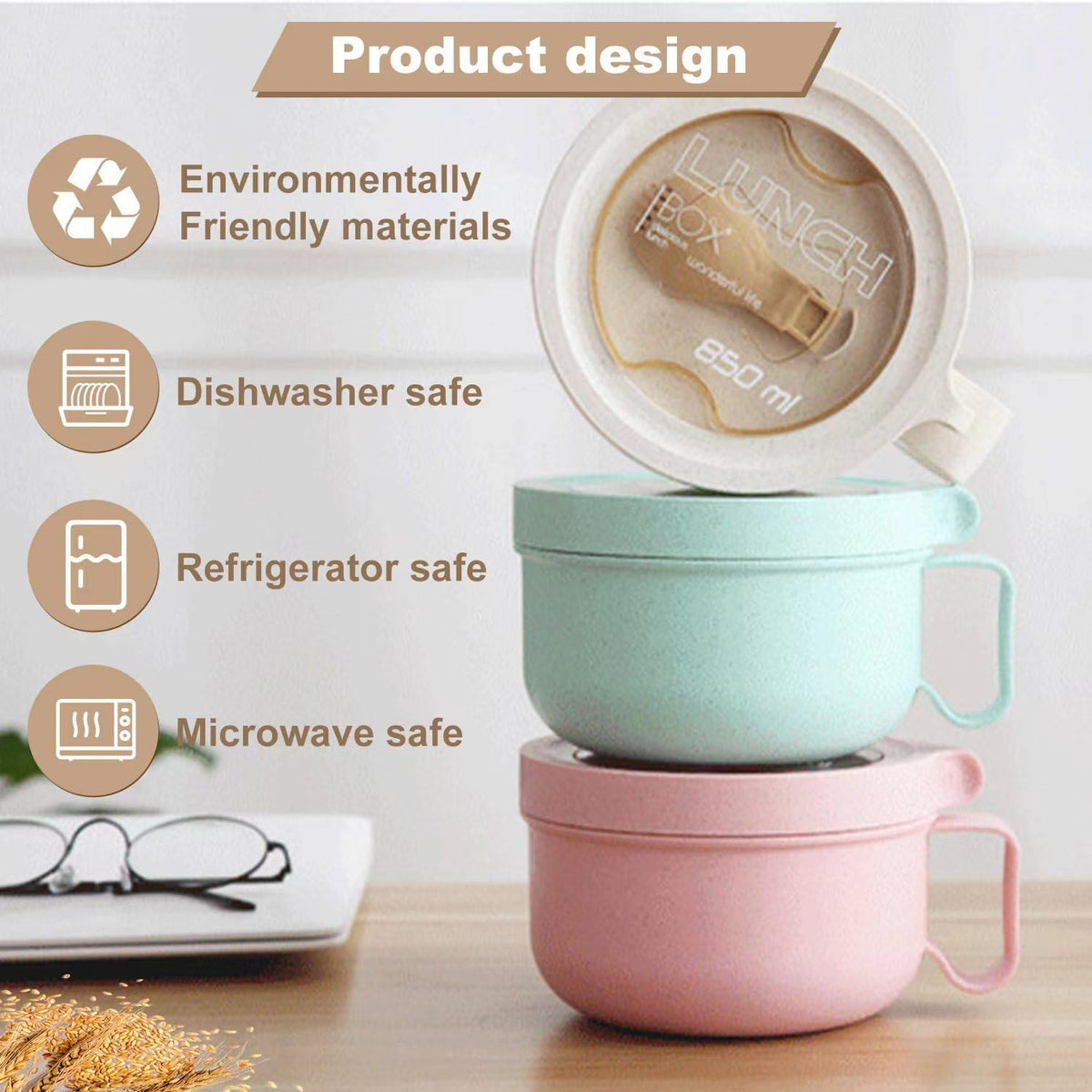 28.7oz Microwave Soup Bowl Containers with Lids, Wheat Straw Ramen Noodles Cup Mug for Instant Noodles,Oatmeal, Gumbo, Salad,Crunch,Cereal & More - Easy-Grip Design, Pink