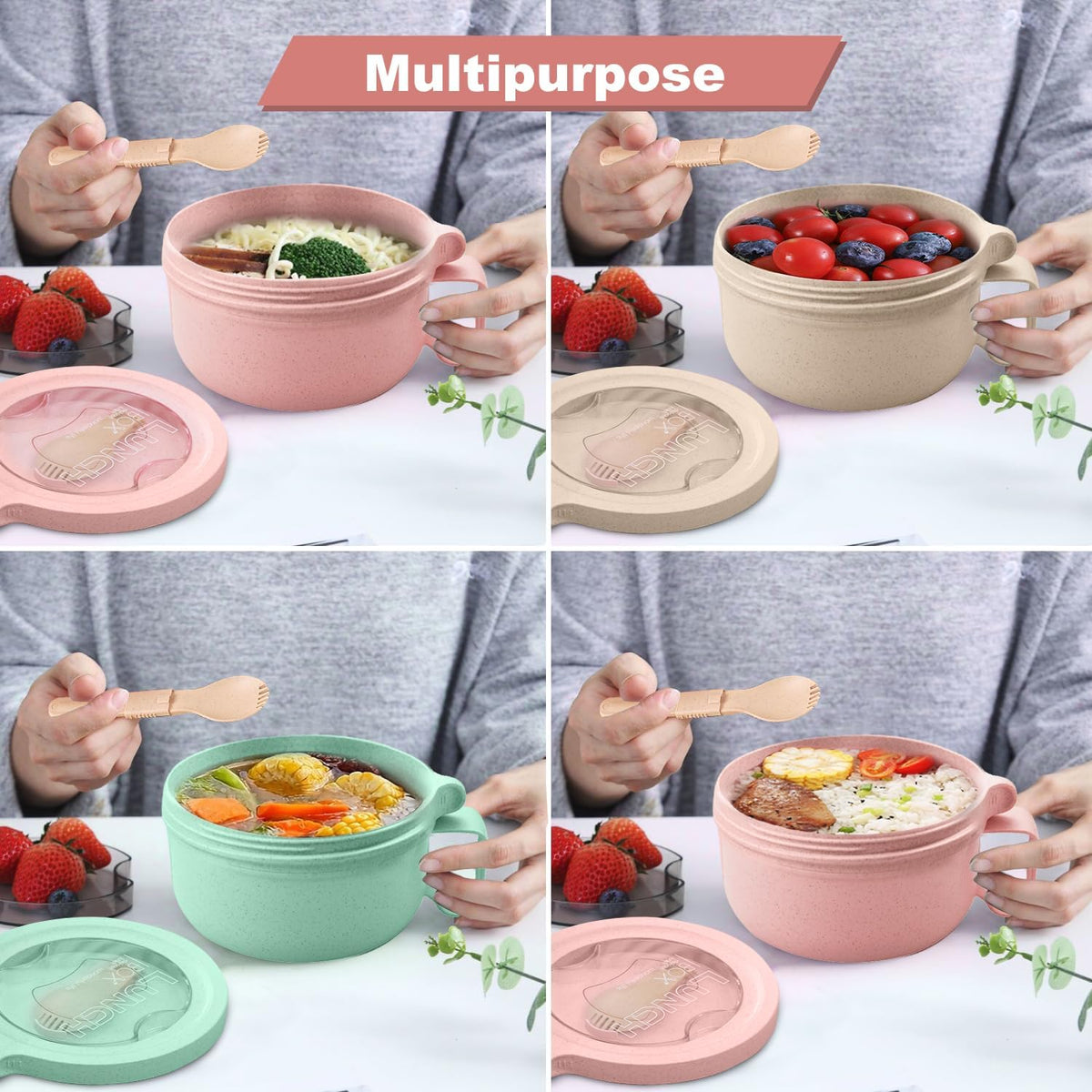 28.7oz Microwave Soup Bowl Containers with Lids, Wheat Straw Ramen Noodles Cup Mug for Instant Noodles,Oatmeal, Gumbo, Salad,Crunch,Cereal & More - Easy-Grip Design, Pink