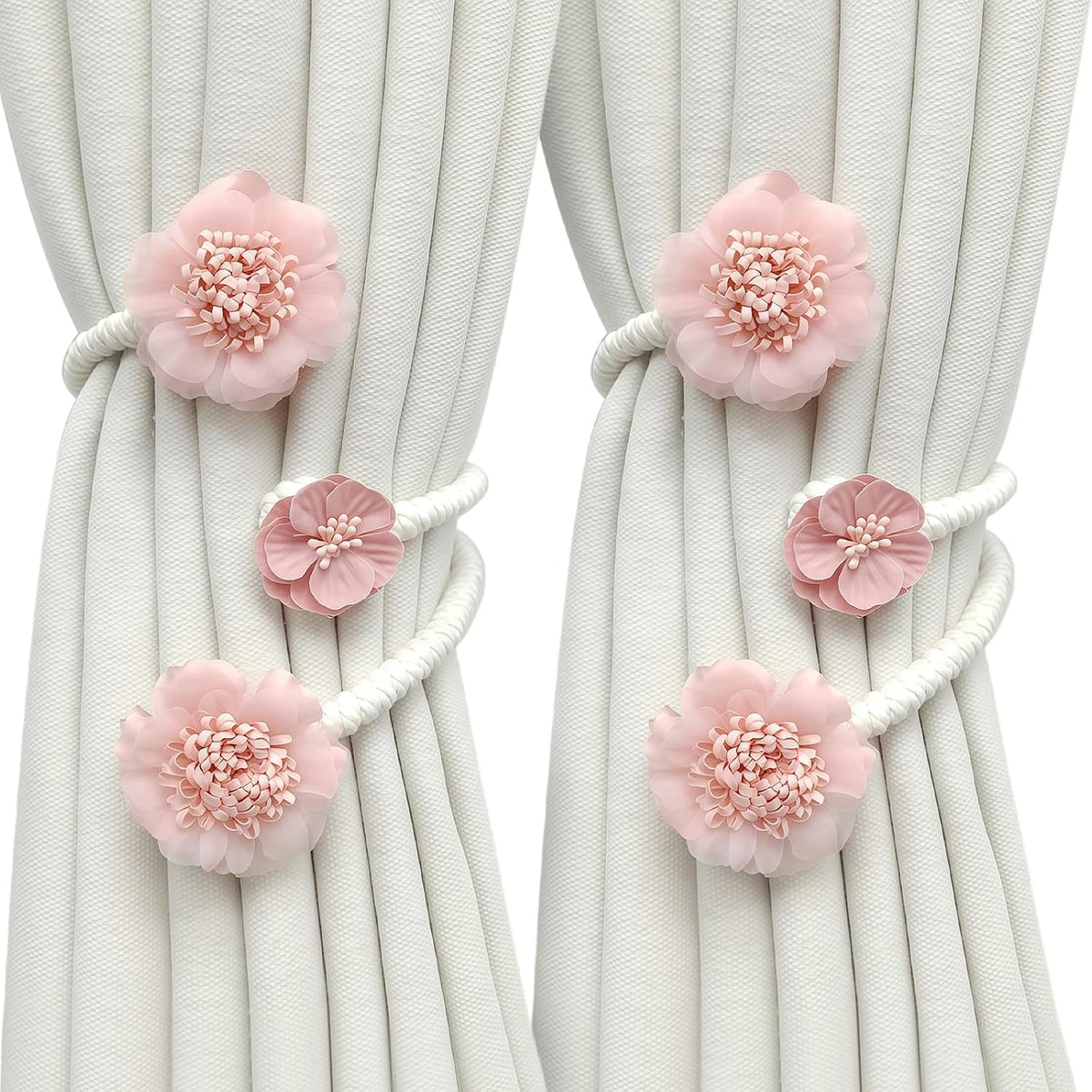 1 Pair of Flower Curtain Tiebacks,Handmade Artificial Flower Curtain Holdbacks Clips Window Drape Flexible Twist Tie for Living Room,Bedroom (Pink)
