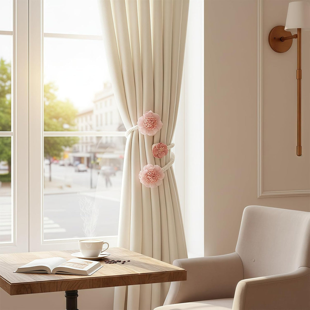 1 Pair of Flower Curtain Tiebacks,Handmade Artificial Flower Curtain Holdbacks Clips Window Drape Flexible Twist Tie for Living Room,Bedroom (Pink)