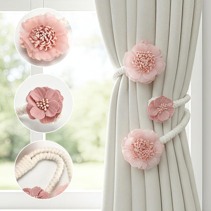 1 Pair of Flower Curtain Tiebacks,Handmade Artificial Flower Curtain Holdbacks Clips Window Drape Flexible Twist Tie for Living Room,Bedroom (Pink)