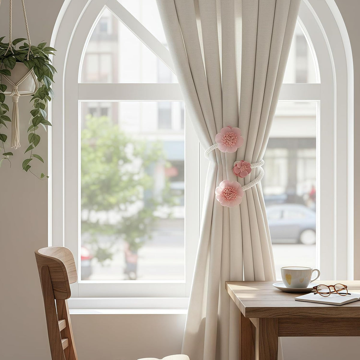 1 Pair of Flower Curtain Tiebacks,Handmade Artificial Flower Curtain Holdbacks Clips Window Drape Flexible Twist Tie for Living Room,Bedroom (Pink)