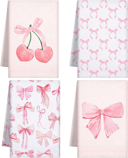 4 Pcs Pink Bow Coquette Kitchen Towels Trendy Cute Pink Hand Towels Coquette Bow Gifts Preppy Microfiber Kitchen Supplies for Hostess Housewarming, 18 x 26 in
