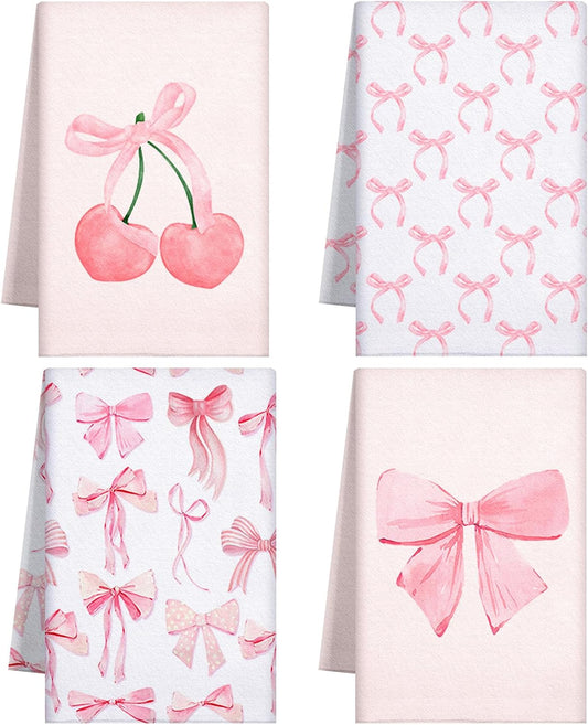 4 Pcs Pink Bow Coquette Kitchen Towels Trendy Cute Pink Hand Towels Coquette Bow Gifts Preppy Microfiber Kitchen Supplies for Hostess Housewarming, 18 x 26 in