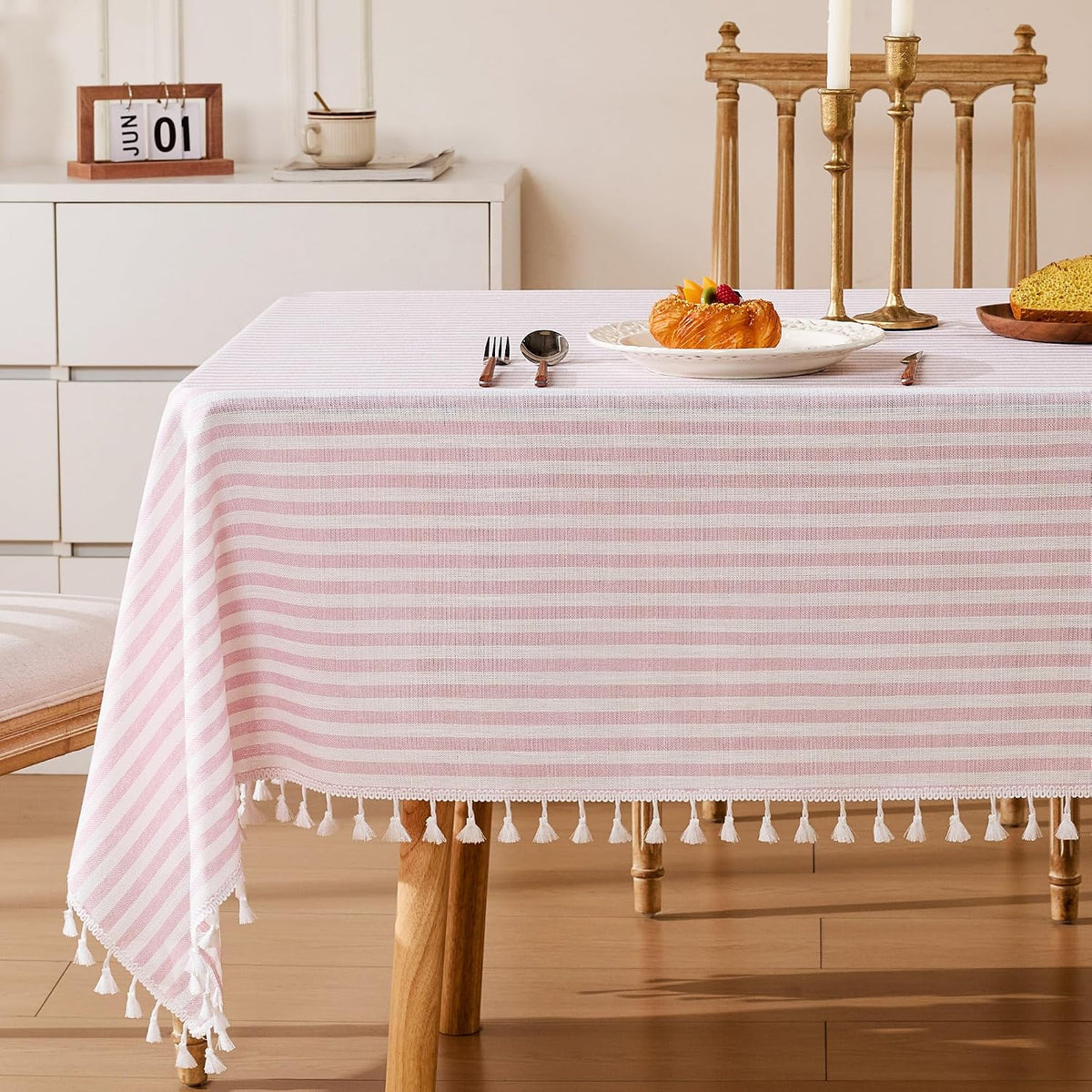 Striped Tablecloth Rectangular Cotton Linen Style Picnic Table Cloths Rectangle with Tassels Washable Table Cover Wrinkle Free for Mothers Day Party Outdoor Dining Room, Pink, 55x75