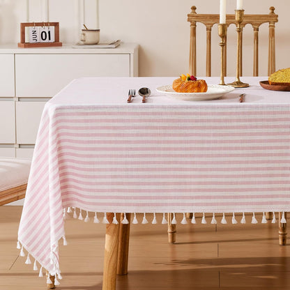 Striped Tablecloth Rectangular Cotton Linen Style Picnic Table Cloths Rectangle with Tassels Washable Table Cover Wrinkle Free for Mothers Day Party Outdoor Dining Room, Pink, 55x75