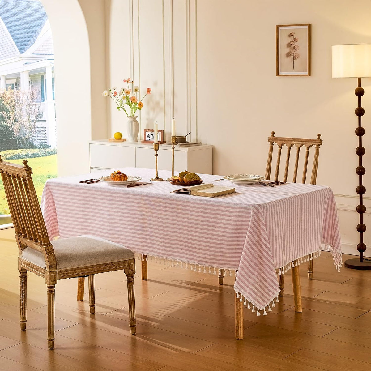 Striped Tablecloth Rectangular Cotton Linen Style Picnic Table Cloths Rectangle with Tassels Washable Table Cover Wrinkle Free for Mothers Day Party Outdoor Dining Room, Pink, 55x75
