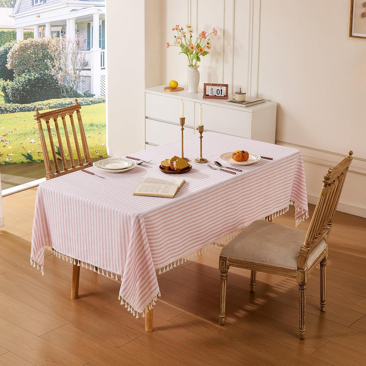 Striped Tablecloth Rectangular Cotton Linen Style Picnic Table Cloths Rectangle with Tassels Washable Table Cover Wrinkle Free for Mothers Day Party Outdoor Dining Room, Pink, 55x75