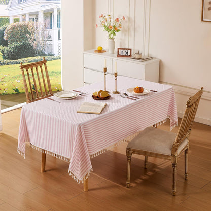 Striped Tablecloth Rectangular Cotton Linen Style Picnic Table Cloths Rectangle with Tassels Washable Table Cover Wrinkle Free for Mothers Day Party Outdoor Dining Room, Pink, 55x75