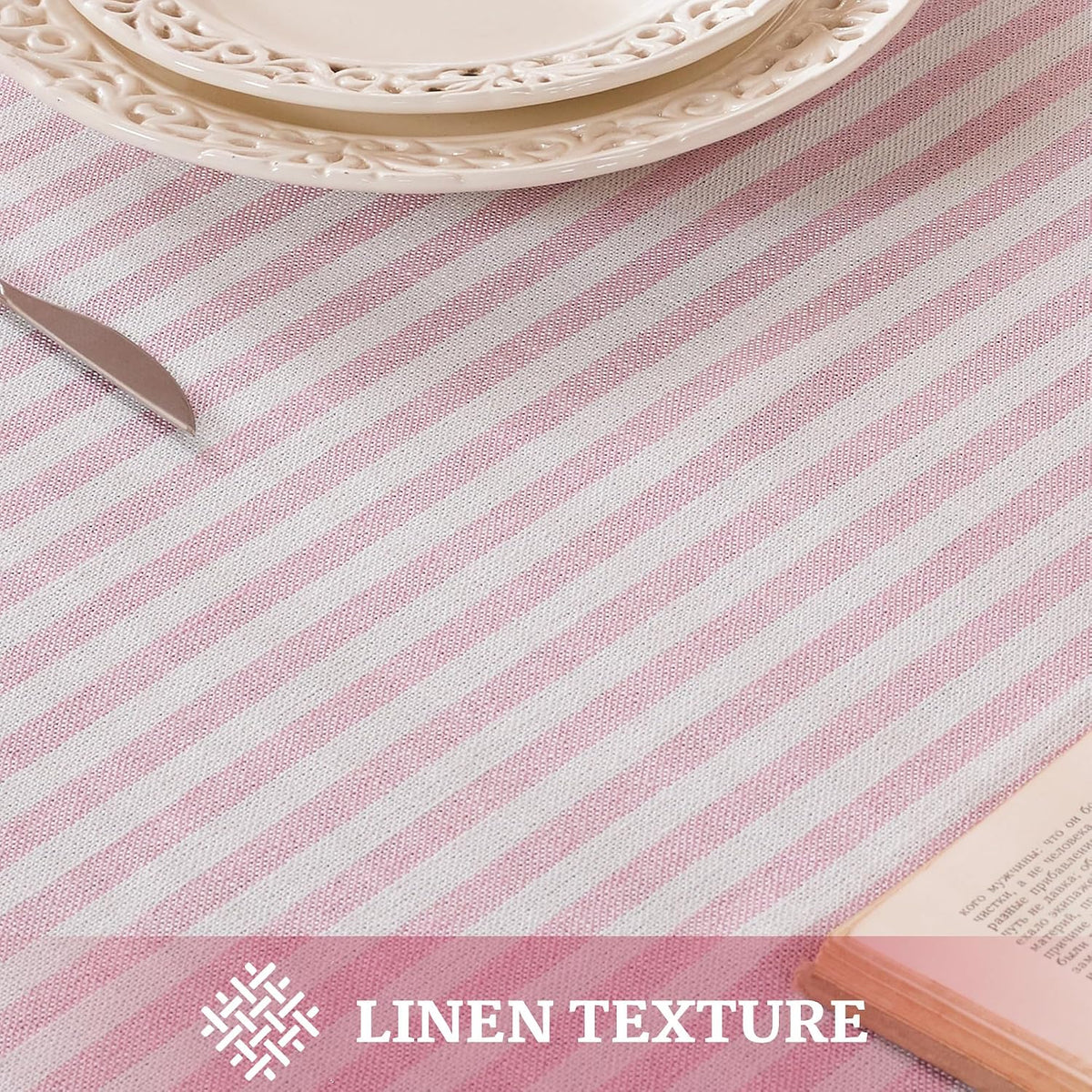 Striped Tablecloth Rectangular Cotton Linen Style Picnic Table Cloths Rectangle with Tassels Washable Table Cover Wrinkle Free for Mothers Day Party Outdoor Dining Room, Pink, 55x75