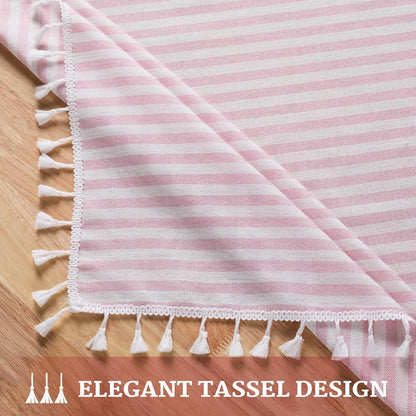 Striped Tablecloth Rectangular Cotton Linen Style Picnic Table Cloths Rectangle with Tassels Washable Table Cover Wrinkle Free for Mothers Day Party Outdoor Dining Room, Pink, 55x75