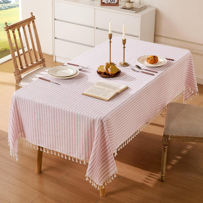Striped Tablecloth Rectangular Cotton Linen Style Picnic Table Cloths Rectangle with Tassels Washable Table Cover Wrinkle Free for Mothers Day Party Outdoor Dining Room, Pink, 55x75