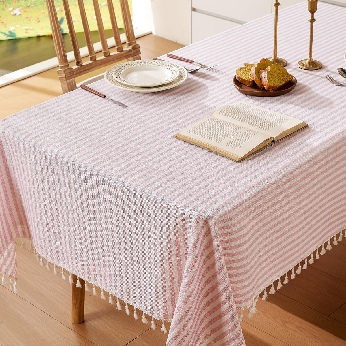 Striped Tablecloth Rectangular Cotton Linen Style Picnic Table Cloths Rectangle with Tassels Washable Table Cover Wrinkle Free for Mothers Day Party Outdoor Dining Room, Pink, 55x75