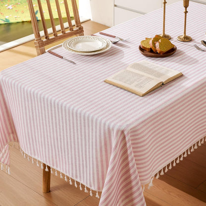 Striped Tablecloth Rectangular Cotton Linen Style Picnic Table Cloths Rectangle with Tassels Washable Table Cover Wrinkle Free for Mothers Day Party Outdoor Dining Room, Pink, 55x75