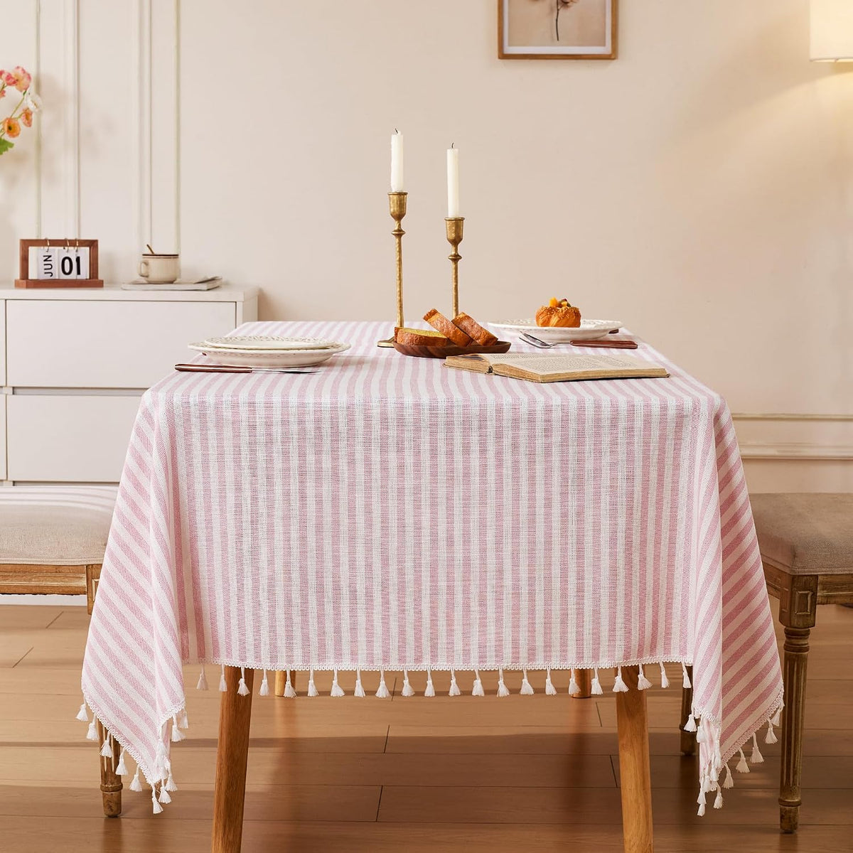 Striped Tablecloth Rectangular Cotton Linen Style Picnic Table Cloths Rectangle with Tassels Washable Table Cover Wrinkle Free for Mothers Day Party Outdoor Dining Room, Pink, 55x75