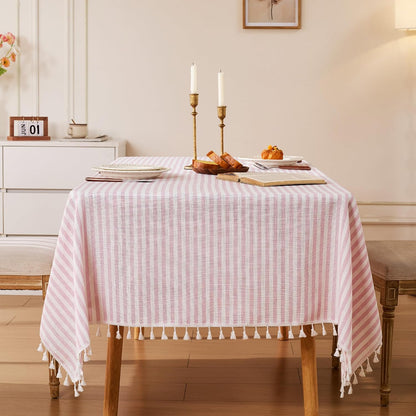 Striped Tablecloth Rectangular Cotton Linen Style Picnic Table Cloths Rectangle with Tassels Washable Table Cover Wrinkle Free for Mothers Day Party Outdoor Dining Room, Pink, 55x75