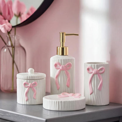 4 Pcs Ceramic Pink Bow Bathroom Set Bathroom Accessories Soap Dispenser Tumbler Toothbrush Holder Vanity Soap Tray Cotton Swab Jars Refillable Decor Gift for Her(White with Pink Bow)