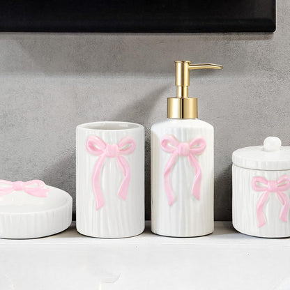 4 Pcs Ceramic Pink Bow Bathroom Set Bathroom Accessories Soap Dispenser Tumbler Toothbrush Holder Vanity Soap Tray Cotton Swab Jars Refillable Decor Gift for Her(White with Pink Bow)