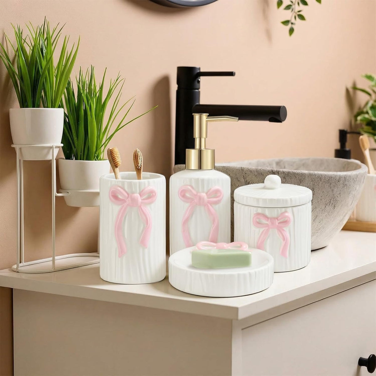 4 Pcs Ceramic Pink Bow Bathroom Set Bathroom Accessories Soap Dispenser Tumbler Toothbrush Holder Vanity Soap Tray Cotton Swab Jars Refillable Decor Gift for Her(White with Pink Bow)