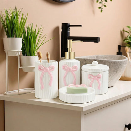 4 Pcs Ceramic Pink Bow Bathroom Set Bathroom Accessories Soap Dispenser Tumbler Toothbrush Holder Vanity Soap Tray Cotton Swab Jars Refillable Decor Gift for Her(White with Pink Bow)